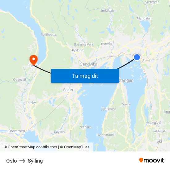 Oslo to Sylling map