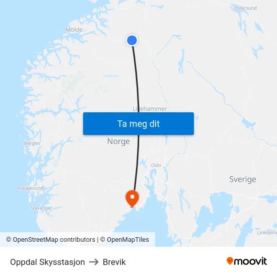 Oppdal Skysstasjon to Brevik map