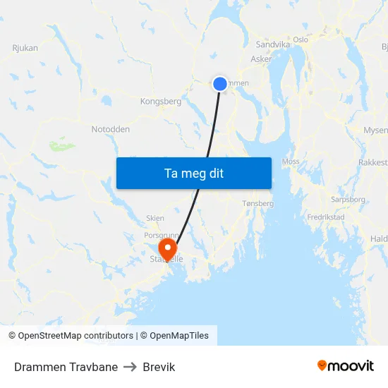 Drammen Travbane to Brevik map