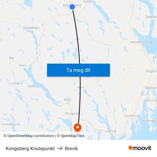 Kongsberg Knutepunkt to Brevik map