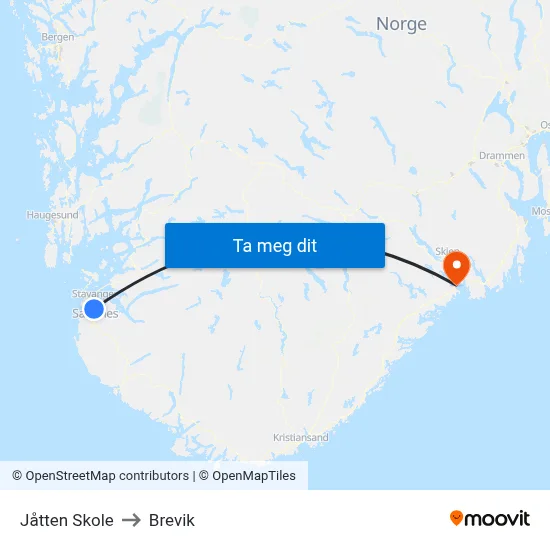 Jåtten Skole to Brevik map