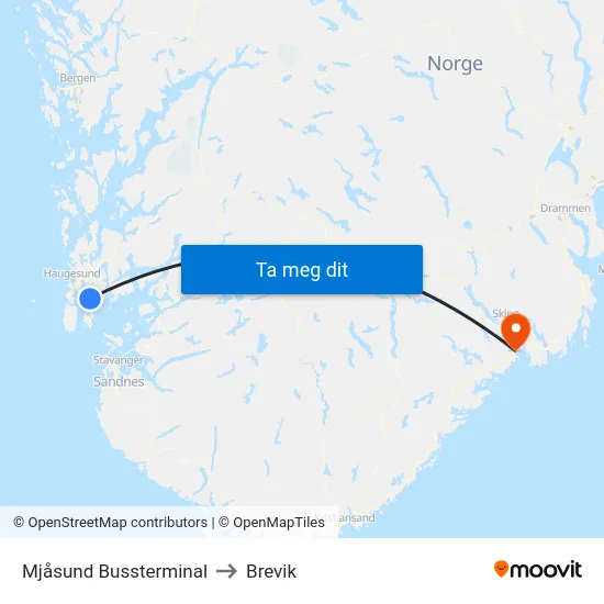 Mjåsund Bussterminal to Brevik map