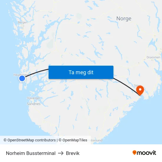 Norheim Bussterminal to Brevik map