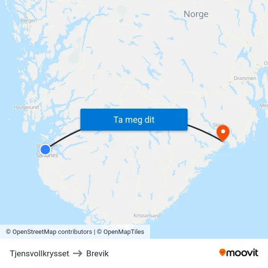 Tjensvollkrysset to Brevik map
