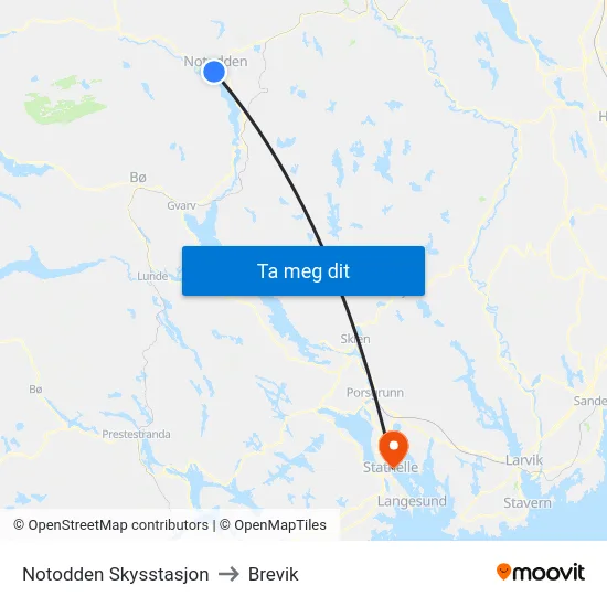Notodden Skysstasjon to Brevik map