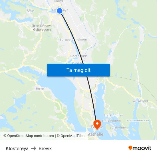 Klosterøya to Brevik map