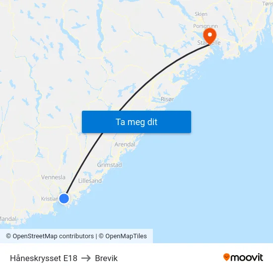 Håneskrysset E18 to Brevik map