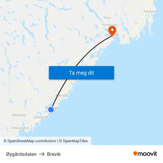 Øygårdsdalen to Brevik map