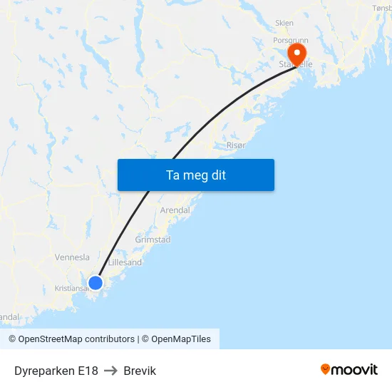 Dyreparken E18 to Brevik map