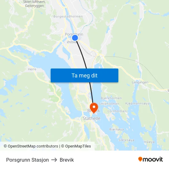 Porsgrunn Stasjon to Brevik map