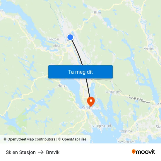 Skien Stasjon to Brevik map