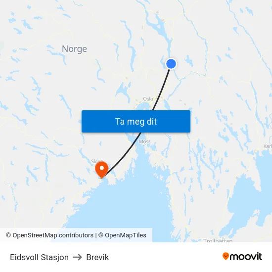 Eidsvoll Stasjon to Brevik map