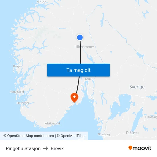 Ringebu Stasjon to Brevik map