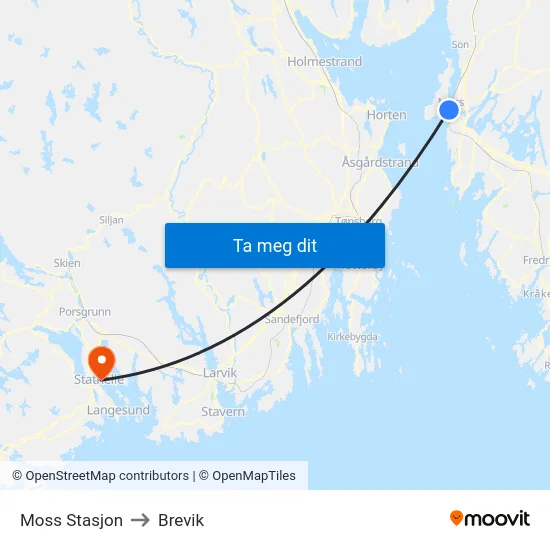 Moss Stasjon to Brevik map