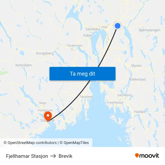 Fjellhamar Stasjon to Brevik map