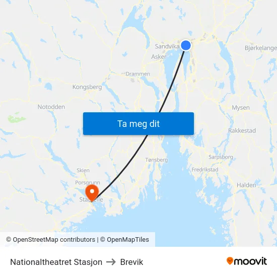 Nationaltheatret Stasjon to Brevik map