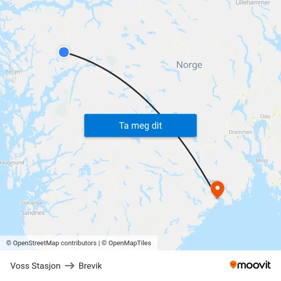 Voss Stasjon to Brevik map