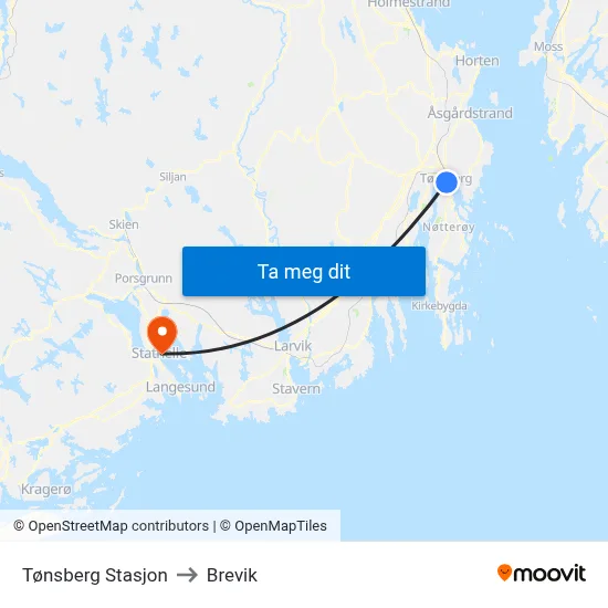 Tønsberg Stasjon to Brevik map