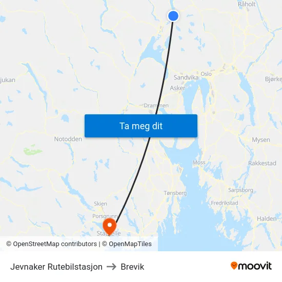 Jevnaker Rutebilstasjon to Brevik map