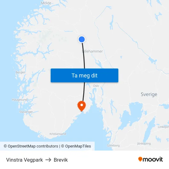 Vinstra Vegpark to Brevik map