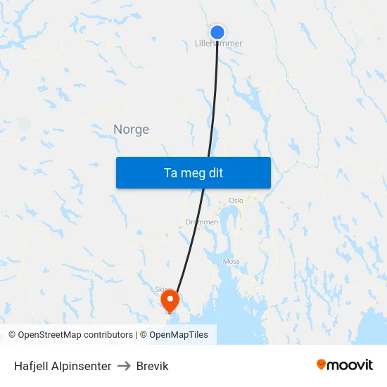 Hafjell Alpinsenter to Brevik map
