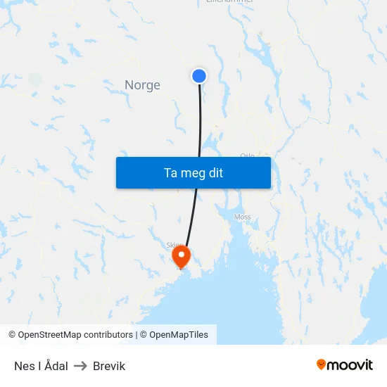 Nes I Ådal to Brevik map