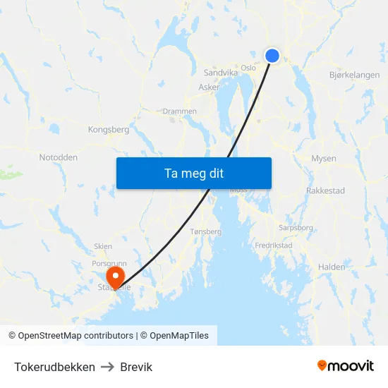 Tokerudbekken to Brevik map