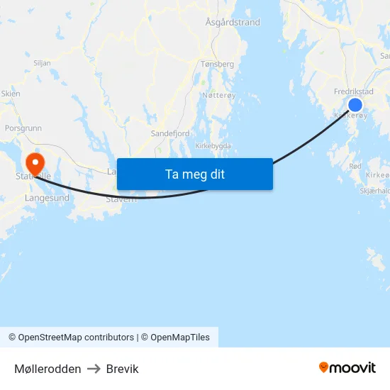 Møllerodden to Brevik map