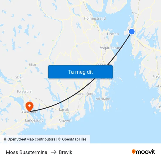 Moss Bussterminal to Brevik map