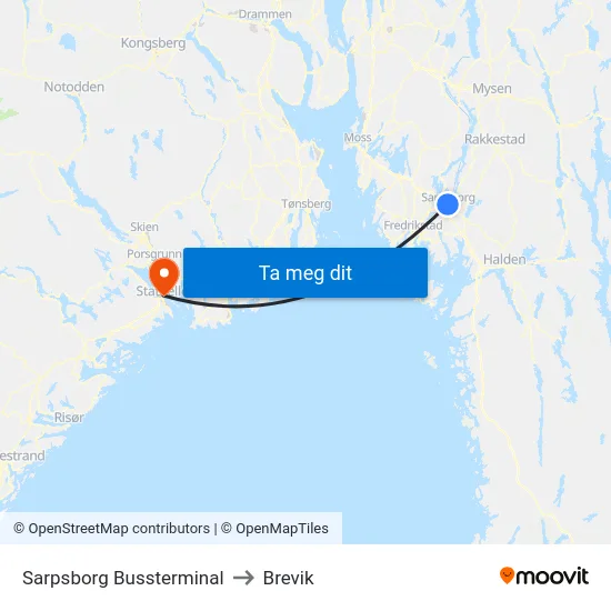 Sarpsborg Bussterminal to Brevik map
