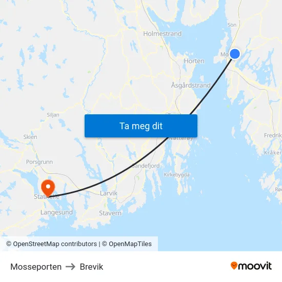 Mosseporten to Brevik map