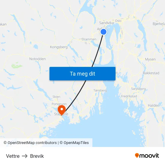 Vettre to Brevik map