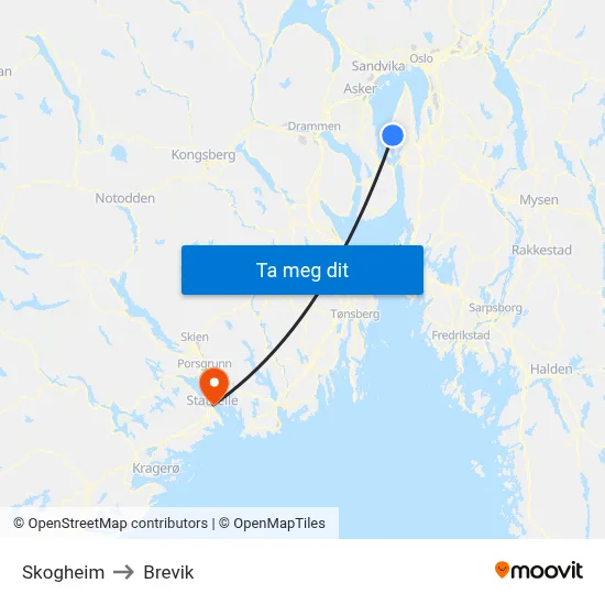 Skogheim to Brevik map