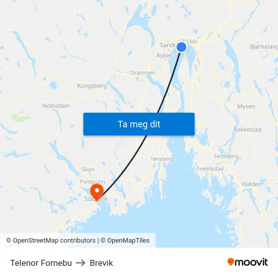 Telenor Fornebu to Brevik map
