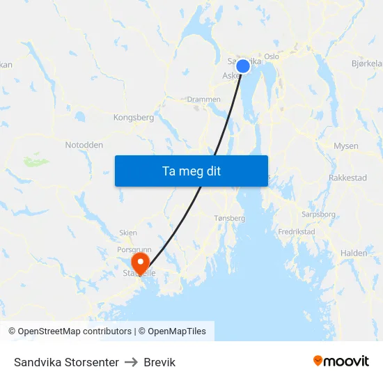 Sandvika Storsenter to Brevik map