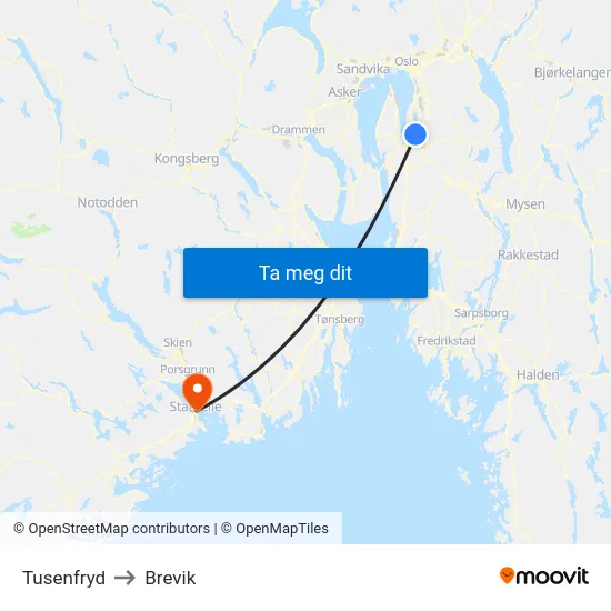 Tusenfryd to Brevik map