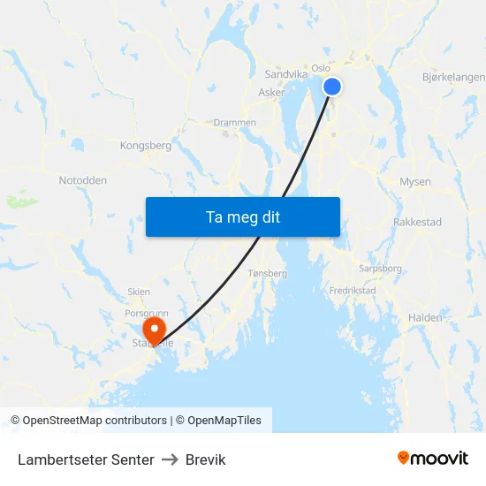 Lambertseter Senter to Brevik map