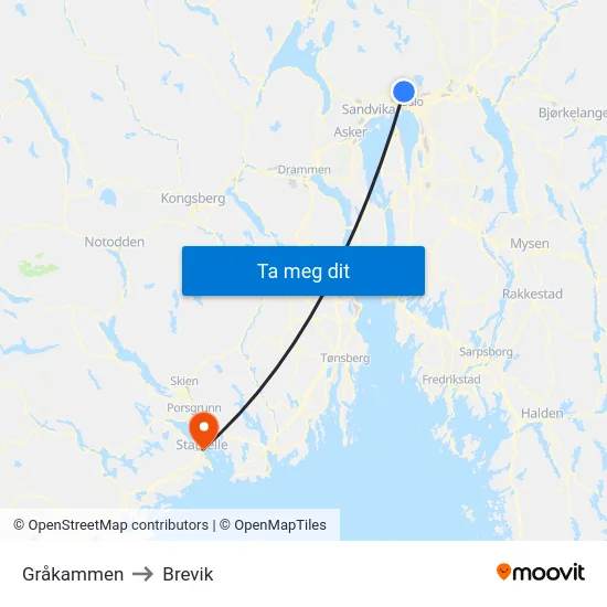 Gråkammen to Brevik map