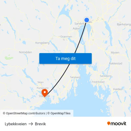 Lybekkveien to Brevik map