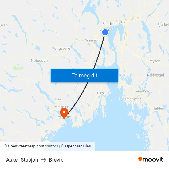 Asker Stasjon to Brevik map