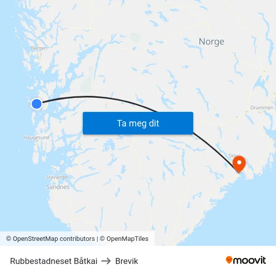 Rubbestadneset Båtkai to Brevik map