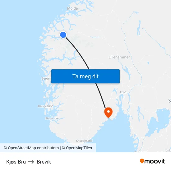 Kjøs Bru to Brevik map