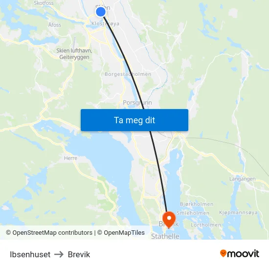 Ibsenhuset to Brevik map