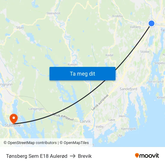 Tønsberg Sem E18 Aulerød to Brevik map