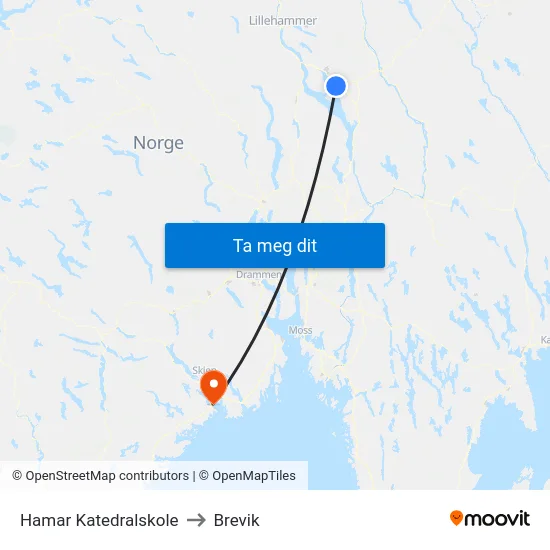 Hamar Katedralskole to Brevik map