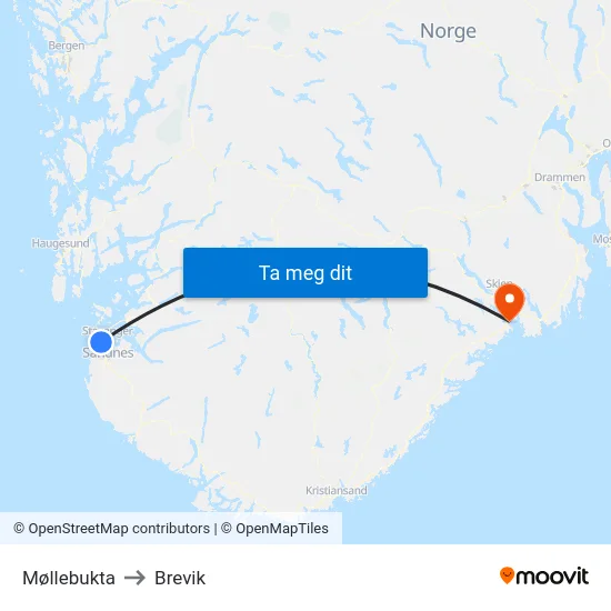 Møllebukta to Brevik map