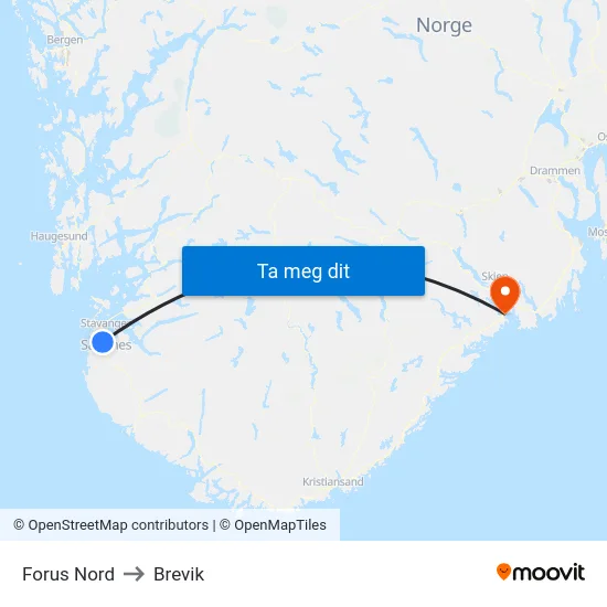 Forus Nord to Brevik map