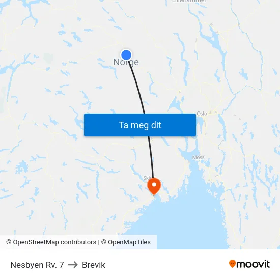 Nesbyen Rv. 7 to Brevik map