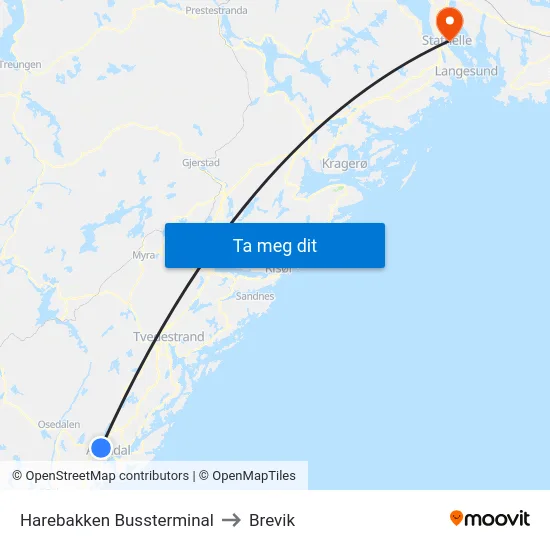 Harebakken Bussterminal to Brevik map