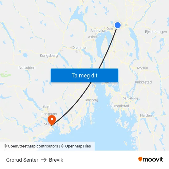 Grorud Senter to Brevik map